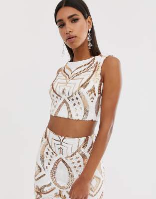 Goddiva high neck placement sequin crop top in white and gold | ASOS