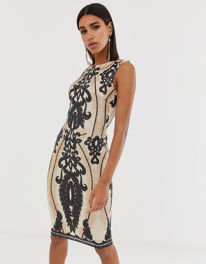 Goddiva high neck placement sequin midi dress in taupe and black-Multi