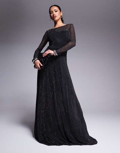 Goddiva Hotfix diamante mesh a line long sleeve maxi dress in black