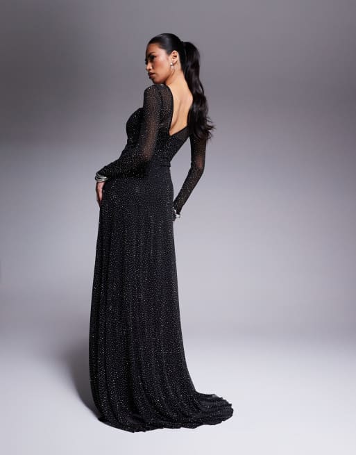 black long sleeve mesh diamond dress Sheer Maxi - Rhinestone Dress - Gown It features a sheer mesh fabric adorned with sparkling rhinestones that add a dazzling touch to the design VC Elegant Black Diamond Maxi