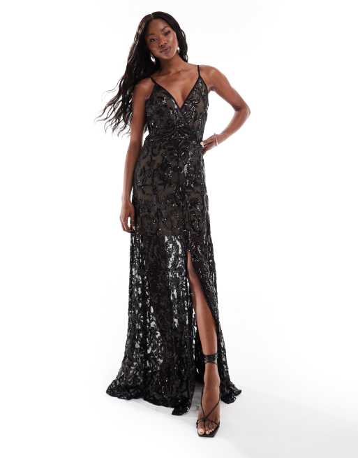 Goddiva Iridescent sequin maxi with front split in black