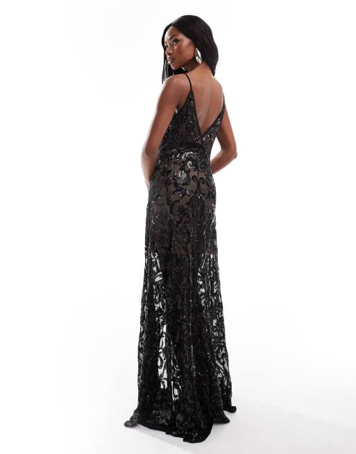Goddiva Iridescent sequin maxi with front split in black, 2 of 4