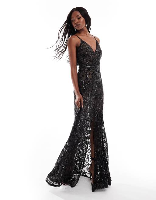 Goddiva Iridescent sequin maxi with front split in black, 4 of 4