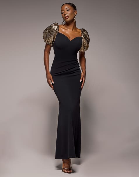 Goddiva Jacquard puff sleeve sweetheart  maxi dress in black - view 1