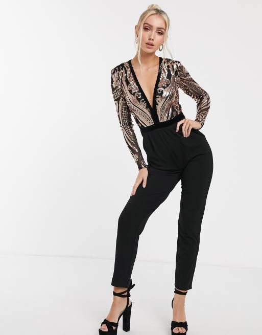 Goddiva Jumpsuit Mit Tief Ausgeschnittenem Oberteil Und Pailletten In Schwarz Und Gold Iebem Morelos