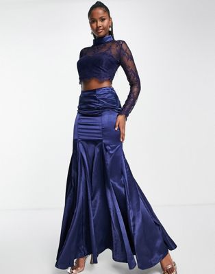 Goddiva lace and satin fishtail prom two piece in navy