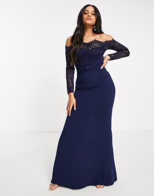 Goddiva lace bardot fishtail maxi dress in navy