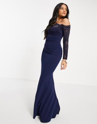 lace bardot fishtail dress