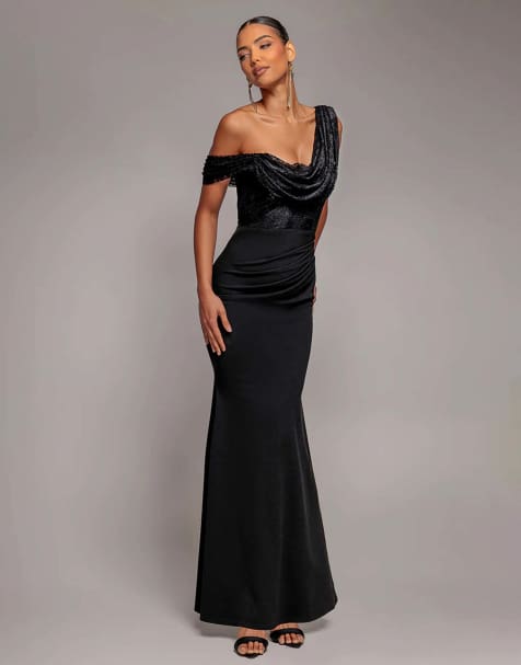 Goddiva Lace cowl one shoulder sculpting stretch jersey crepe maxi dress in black - view 1