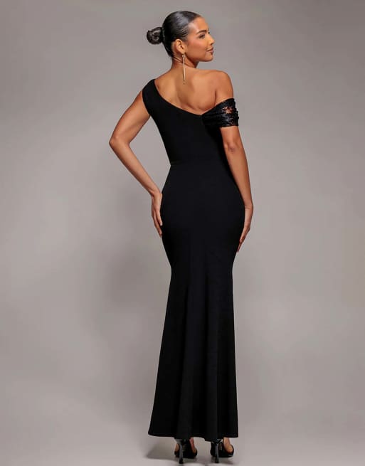 Goddiva Lace cowl one shoulder sculpting stretch jersey crepe maxi dress in black, 2 of 4