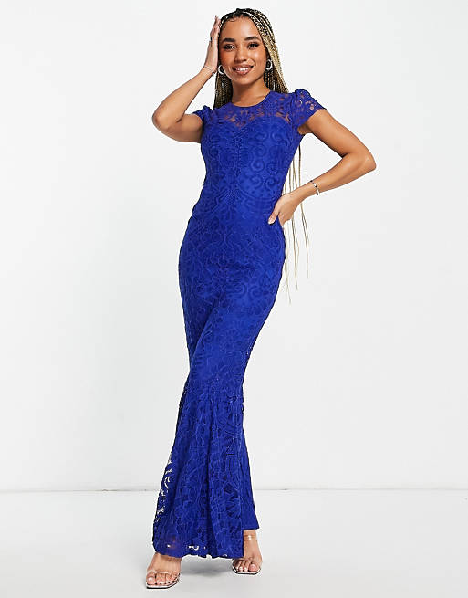 Goddiva lace detail maxi dress with fishtail in royal blue