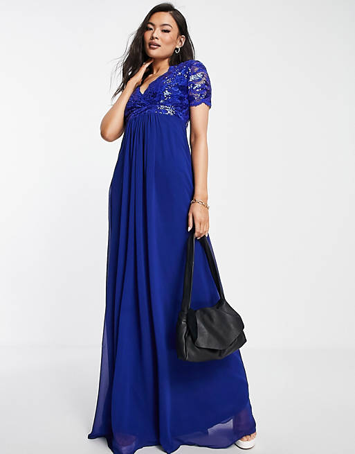 Goddiva lace detail maxi dress with full skirt in royal blue