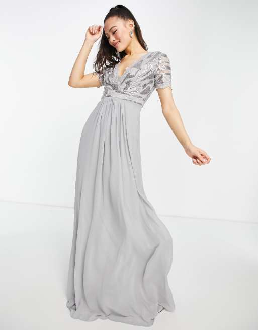 Goddiva lace detail maxi dress with full skirt in silver