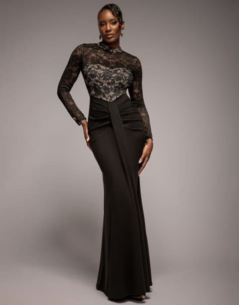 Goddiva Lace high neck sheer bodice long sleeve maxi dress in black - view 1