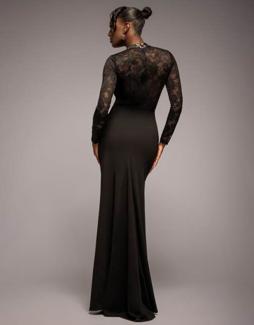 Goddiva Lace high neck sheer bodice long sleeve maxi dress in black, 2 of 4