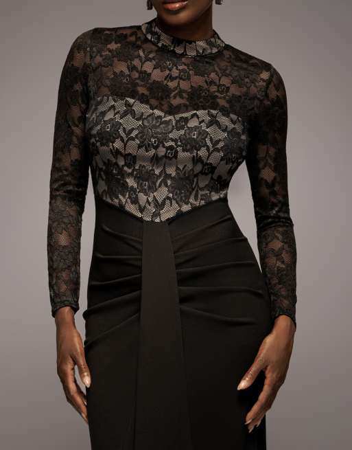 Goddiva Lace high neck sheer bodice long sleeve maxi dress in black, 3 of 4