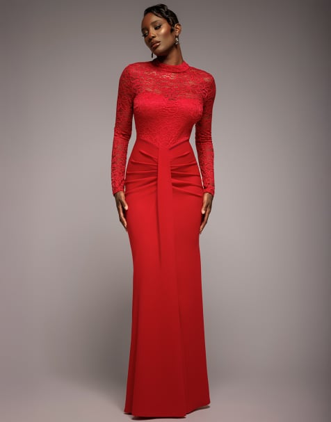 Goddiva Lace high neck sheer bodice long sleeve maxi dress in red - view 1