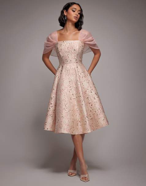 Goddiva Lace up jacquard midi dress with organza wings in blushpink - view 1