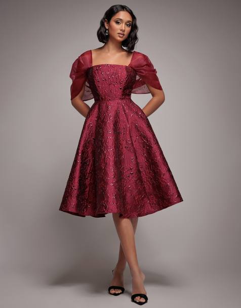 Goddiva Lace up jacquard midi dress with organza wings in burgundy red - view 1