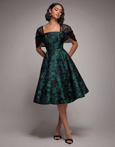 Goddiva Lace up jacquard midi dress with organza wings in emerald black - view 1