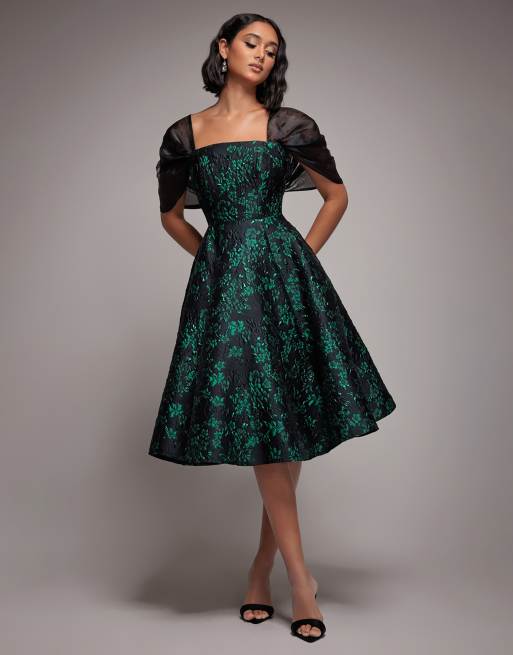 Goddiva Lace up jacquard midi dress with organza wings in emeraldblack