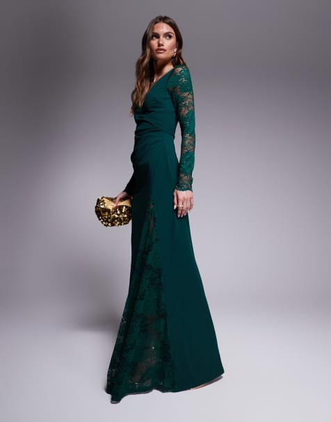 Goddiva lace wrap maxi dress in emerald in scuba style fabric