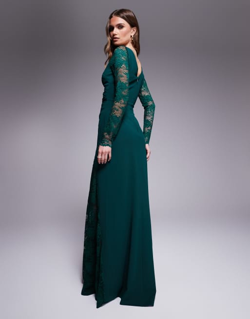 Goddiva lace wrap maxi dress in emerald in scuba style fabric, 2 of 4