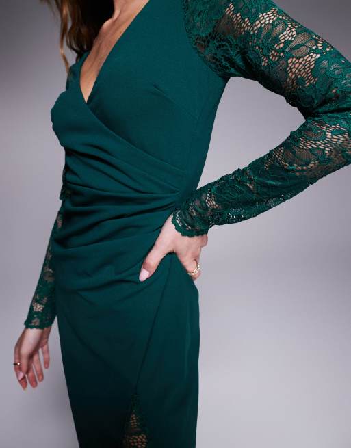 Goddiva lace wrap maxi dress in emerald in scuba style fabric, 4 of 4