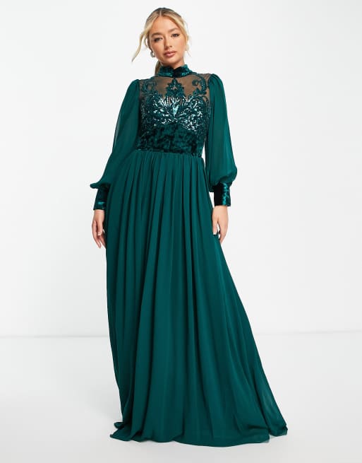 Goddiva – Langärmliges, hochgeschlossenes Maxikleid in Smaragdgrün