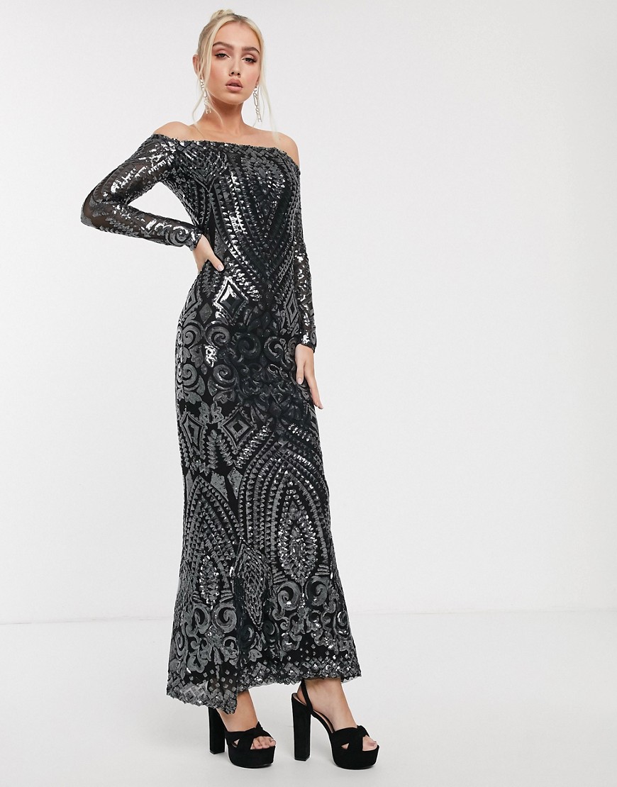 Goddiva - Lange bandeau-jurk met antracietgrijze lovertjes-Zwart