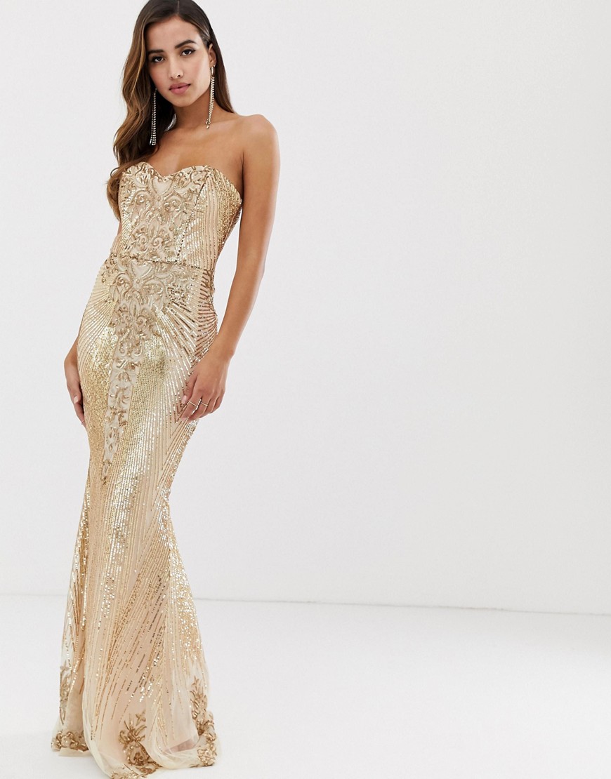 Goddiva - Lange bandeau-jurk met lovertjes in goud