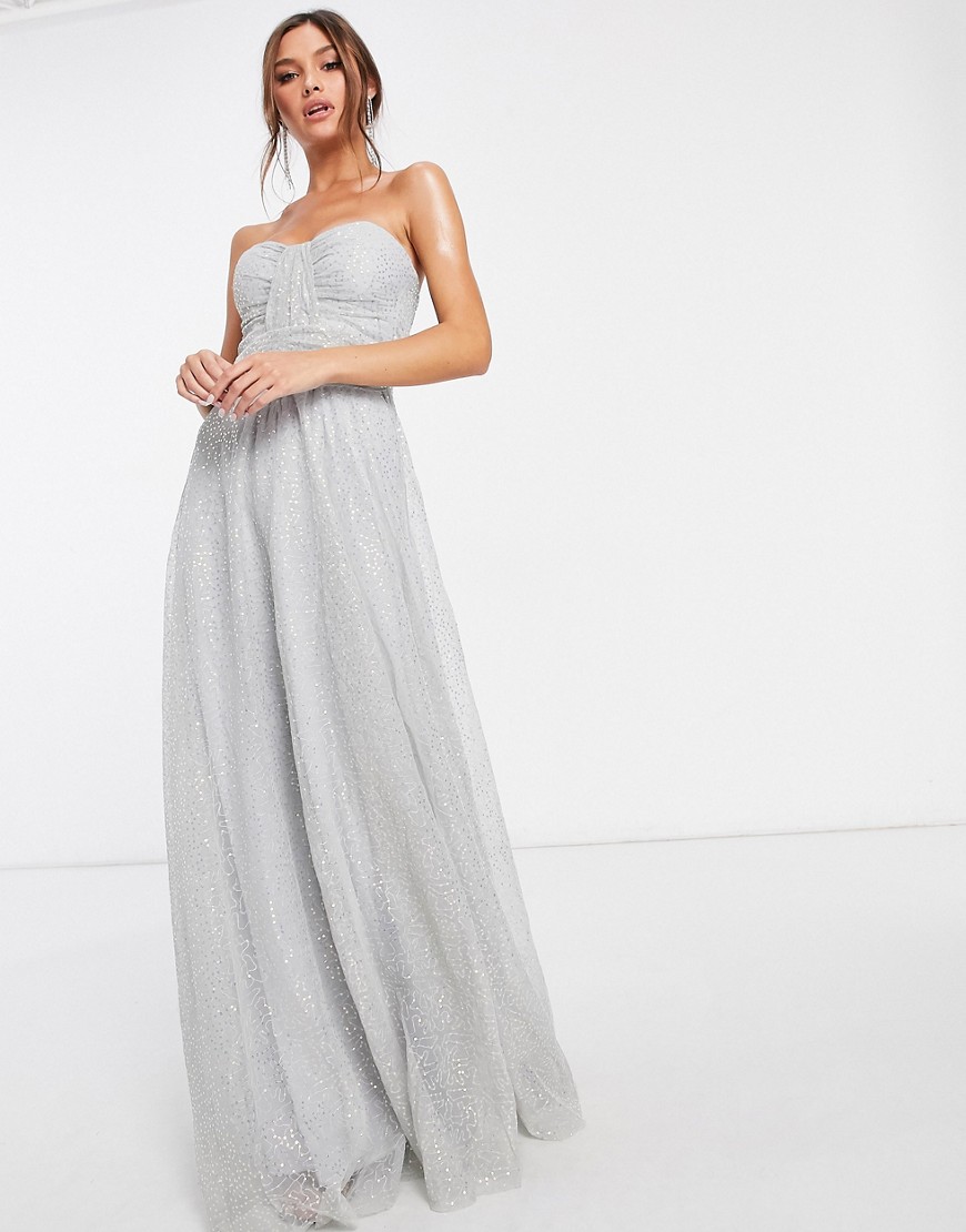Goddiva - Lange bandeau-jurk van mesh met lovertjes in grijs