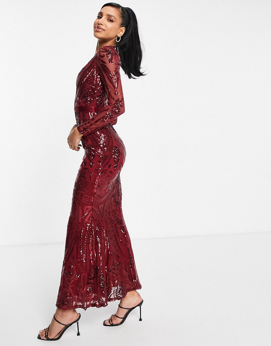 Goddiva - Lange diepuitgesneden jurk met fishtail in rood