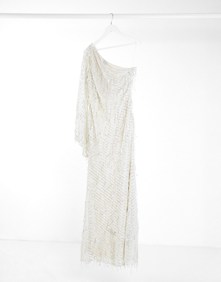 Goddiva - Lange jurk met blote schouder, lovertjes en franjes in crème