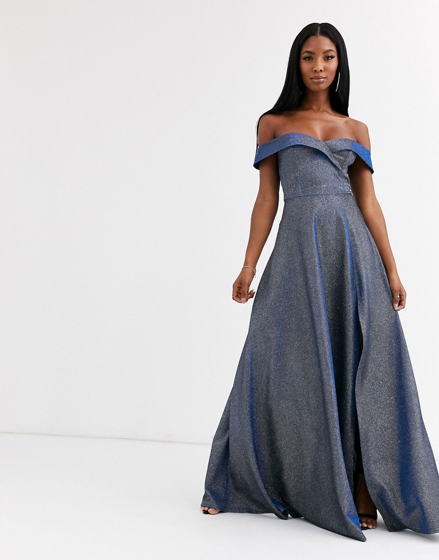 Goddiva - Lange jurk met hartvormige halslijn en split in blauw