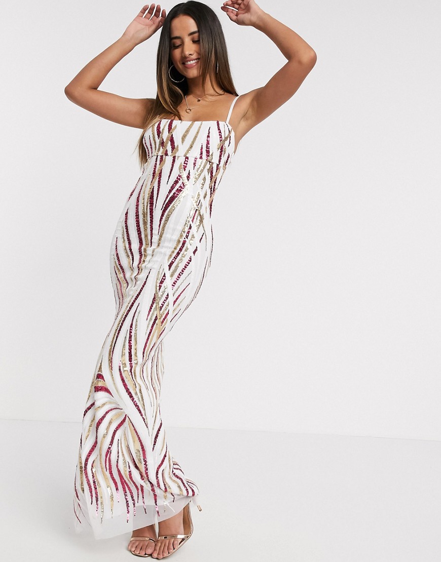 Goddiva - Lange jurk met spaghettibandjes en lovertjes in wit/roze