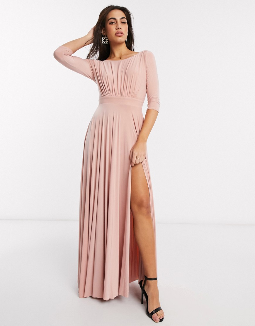 Goddiva - Lange jurk met tailleband en lange mouwen in roze