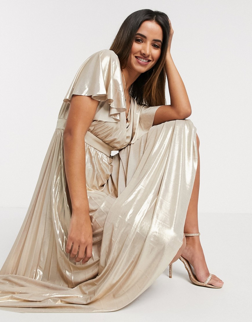 Goddiva - Lange jurk met wijde mouwen in metallic goud