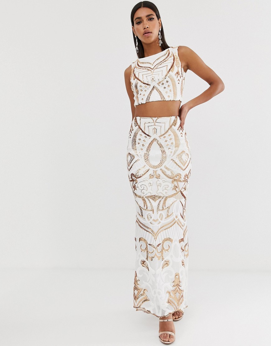 Goddiva - Lange rok met hoge a-lijn in wit en goud-Multi