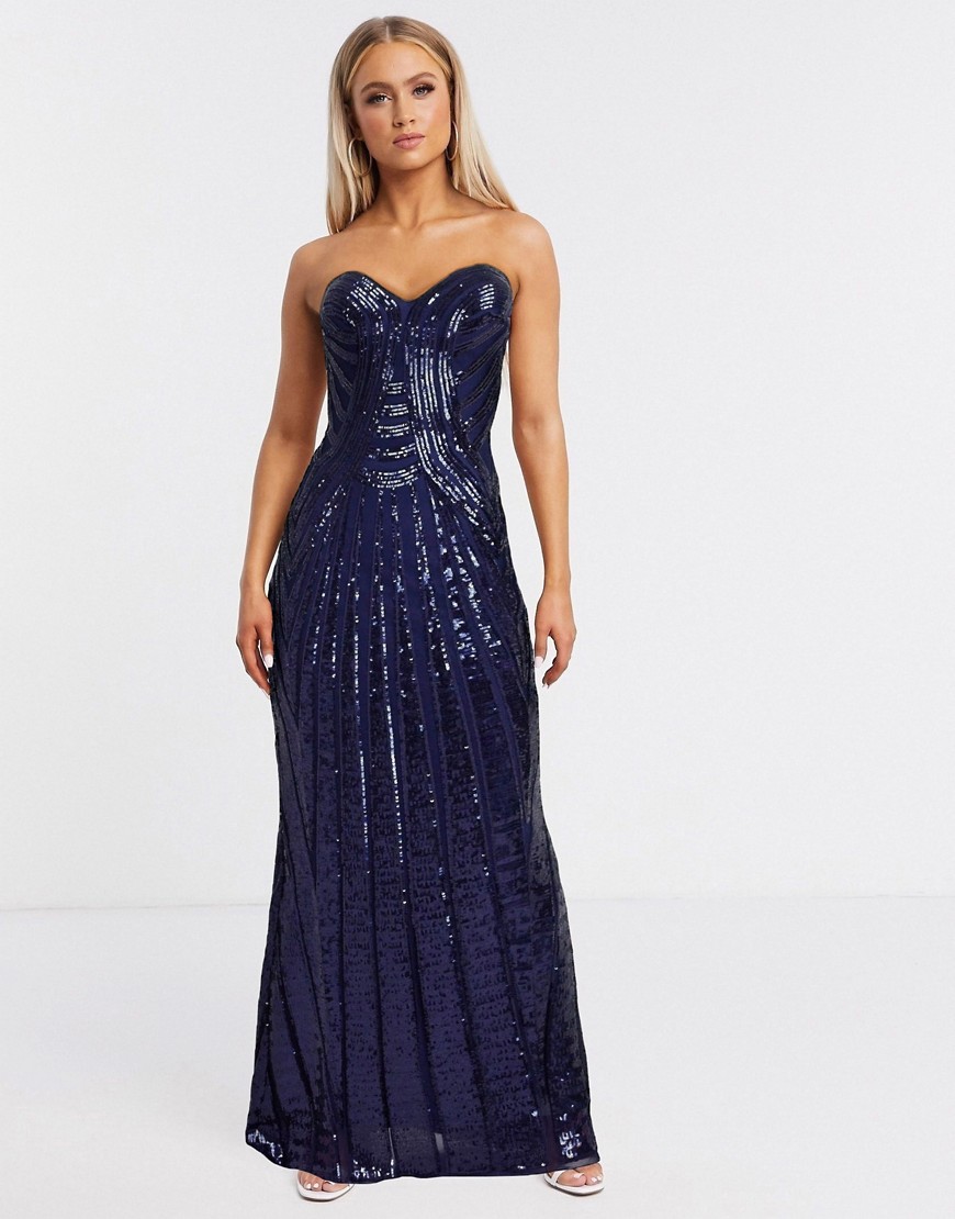 Goddiva - Lange versirde bandeau-jurk met dijsplit in marineblauw
