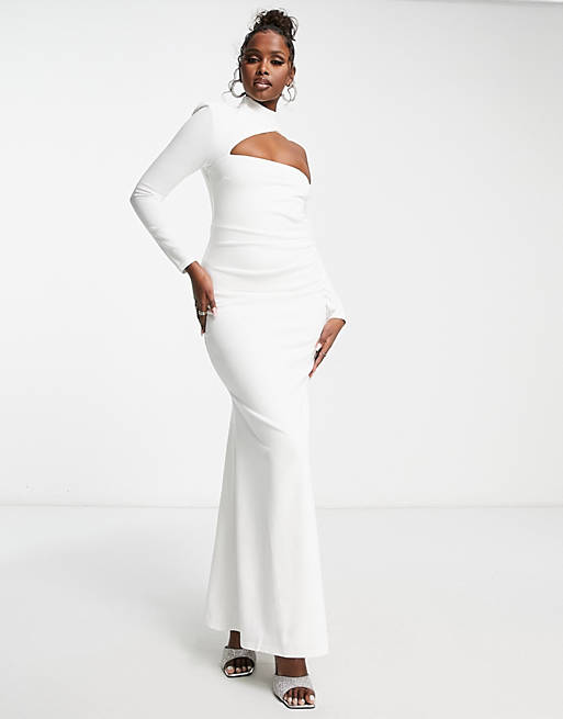 Goddiva long sleeve asymmetric fishtail dress in white | ASOS