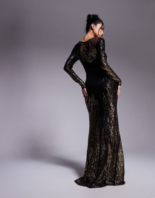 Goddiva Long sleeve aztec sequin maxi dress in gold, 4 of 4