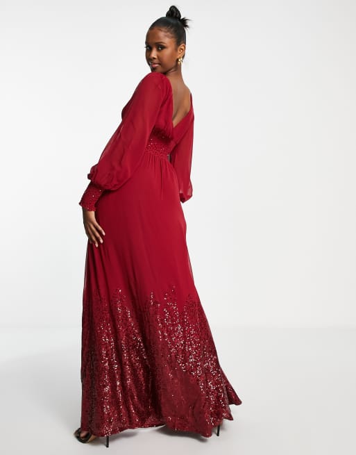 Goddiva long sleeve maxi dress in wine ASOS