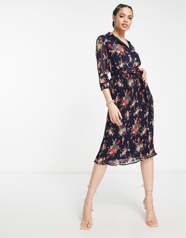 Goddiva long sleeve midi dress in navy floral