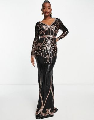 Goddiva long sleeve plunge sequin fishtail maxi dress in black