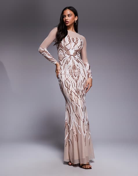 Goddiva Long sleeve sequin flame maxi in champagne