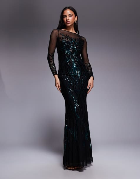 Goddiva Long sleeve sequin flame maxi in emerald - view 1