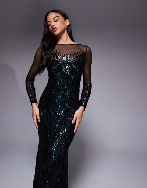 Goddiva Long sleeve sequin flame maxi in emerald, 2 of 4