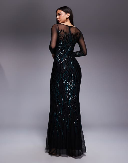 Goddiva Long sleeve sequin flame maxi in emerald, 3 of 4