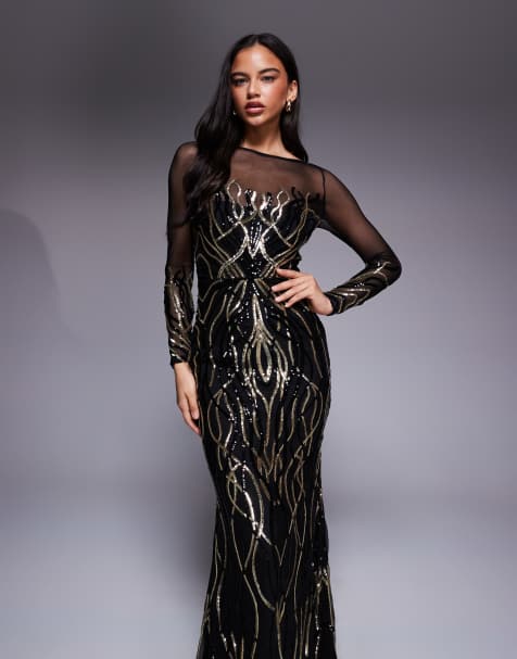Goddiva Long sleeve sequin flame maxi in gold